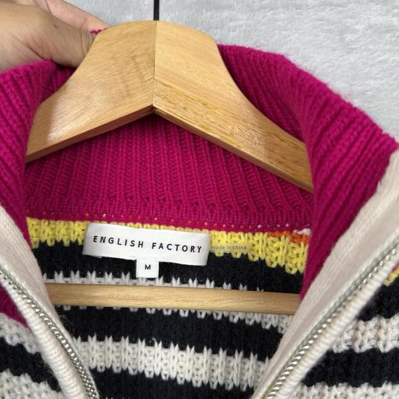 English Factory Striped Knit Half Zip Sweater M Colorful Chunky Acrylic Pullover - Picture 4 of 9